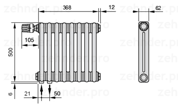 Схема (чертеж) Радиатор Zehnder Charleston 2050/8 №V001 Белый глянцевый RAL 9016